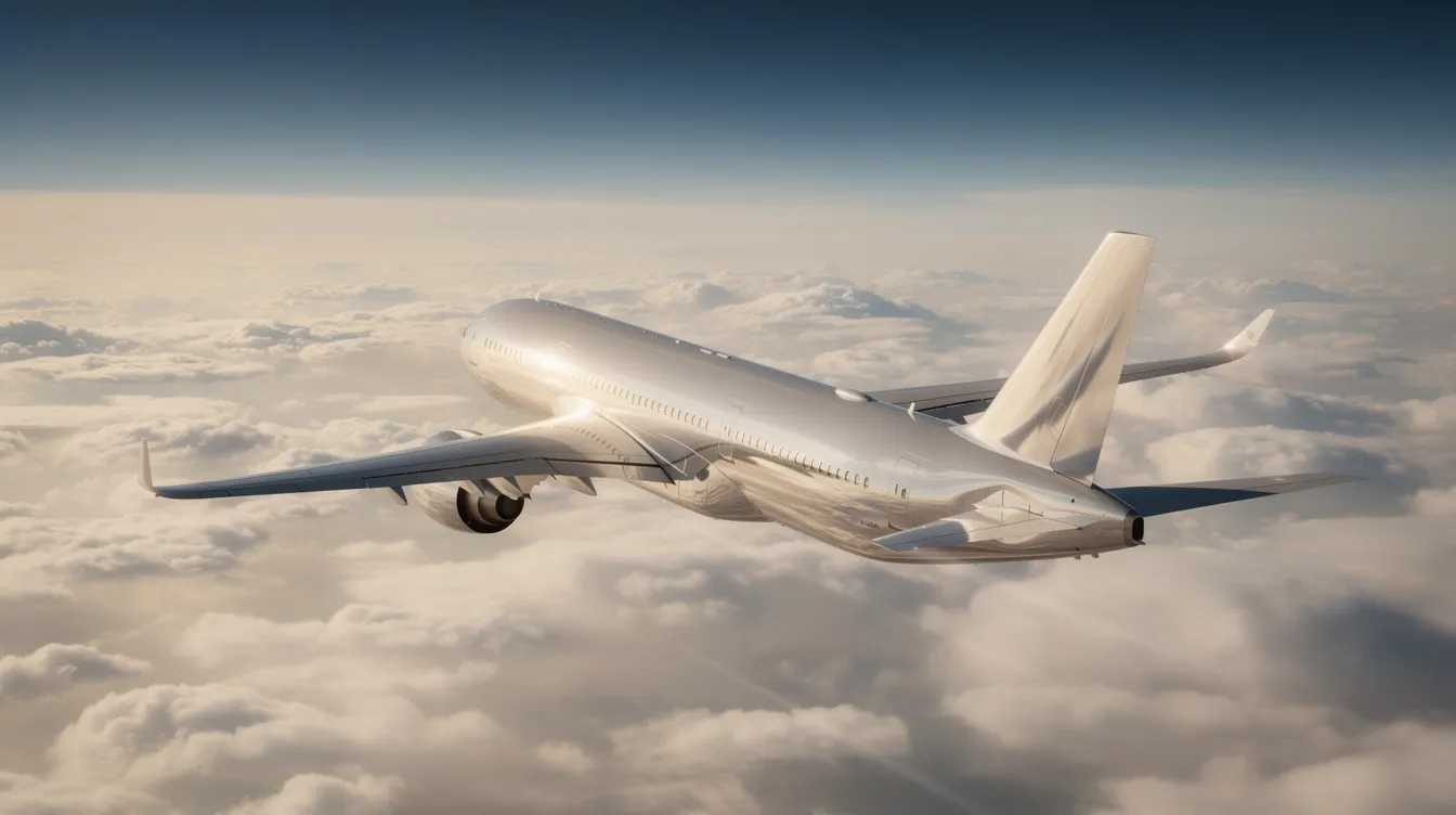 A large modern twin-engine commercial aircraft, resembling the Boeing 777X, soars above a blanket of clouds with sunlight glinting off its aerodynamic wings. This widebody aircraft showcases its fuel-efficient design and impressive range, highlighting advancements in the aviation industry.