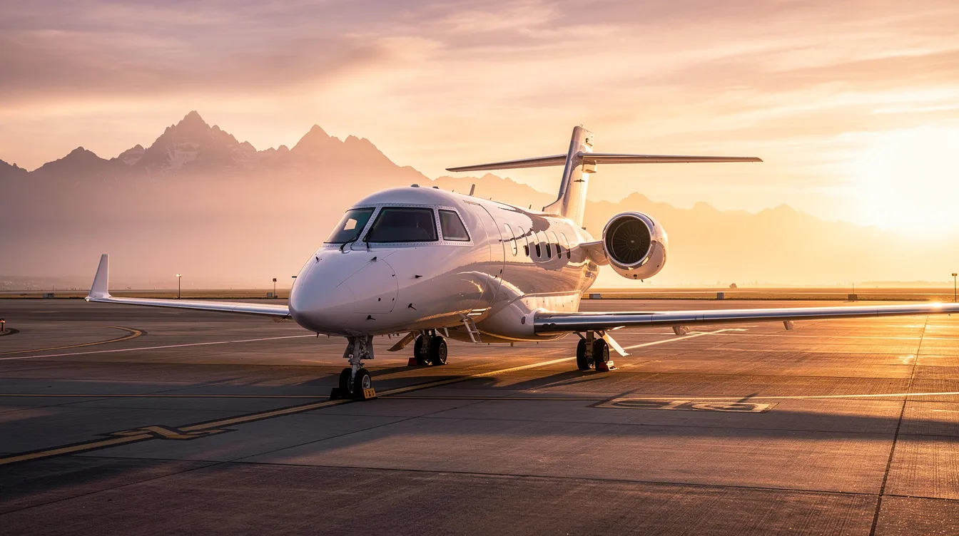 A small private jet, likely a Cirrus model, is parked on a tarmac at sunset, with majestic mountains in the background. The scene captures the essence of personal aviation, highlighting the beauty and allure of aircraft ownership against a stunning natural backdrop.
