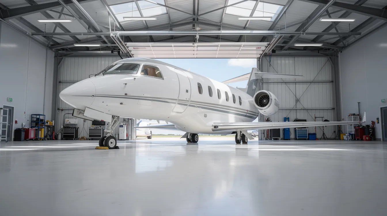 The image depicts a well-maintained Cirrus aircraft parked inside a clean, modern hangar, showcasing advanced avionics and a spacious environment. This setting highlights the importance of maintenance costs and ownership experience in personal aviation.