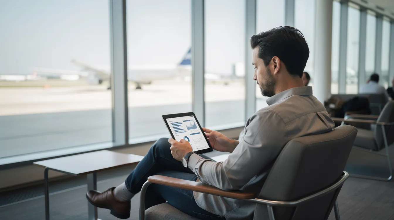 A traveler is seated in a sleek airport lounge, intently reviewing a tablet screen that displays information about private aviation options, including the Amalfi jet card and various private jet services. The lounge features expansive floor-to-ceiling windows, providing a bright and modern atmosphere for those looking to fly private.