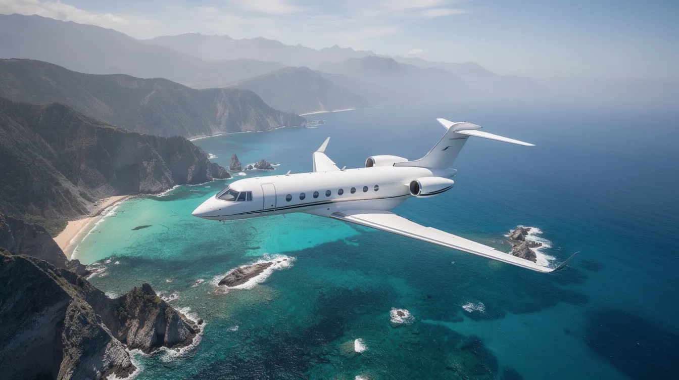 An aerial view captures a private jet soaring over a stunning mountainous coastline, with vibrant turquoise waters glistening below. This scene highlights the allure of private aviation, perfect for modern travelers seeking exclusive experiences.