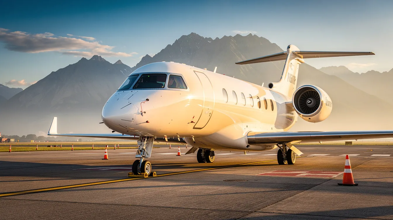 A sleek white private jet is parked on a sunlit tarmac, with majestic mountains rising in the background. This image captures the essence of private aircraft ownership, highlighting the beauty and luxury associated with aviation.