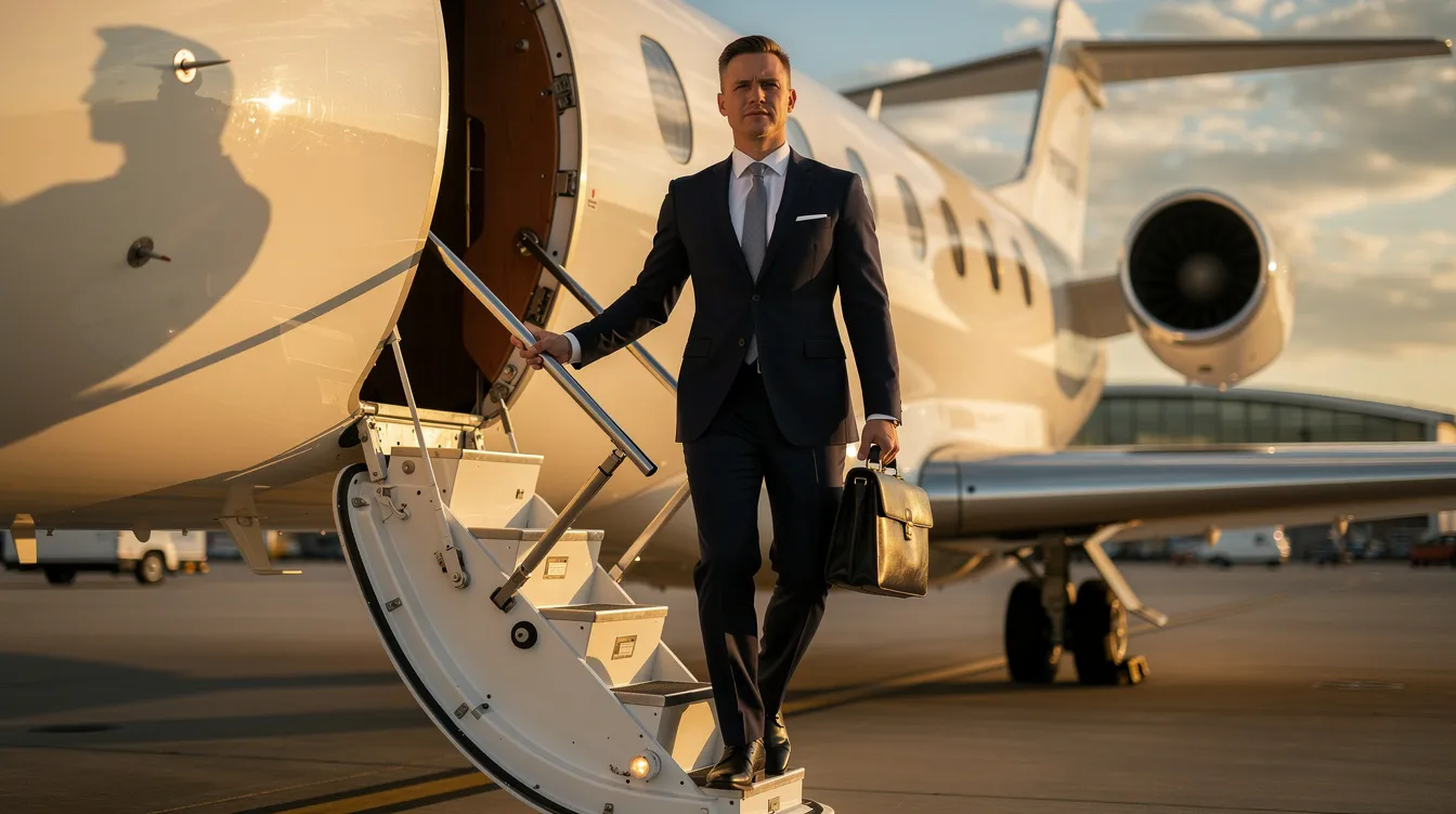 A business executive in a tailored suit is stepping onto the stairway of a private jet, symbolizing the luxury of aircraft ownership and the importance of aircraft financing in the aviation industry. The scene highlights the elegance and status associated with private aircraft, often supported by competitive rates and tailored loan terms.