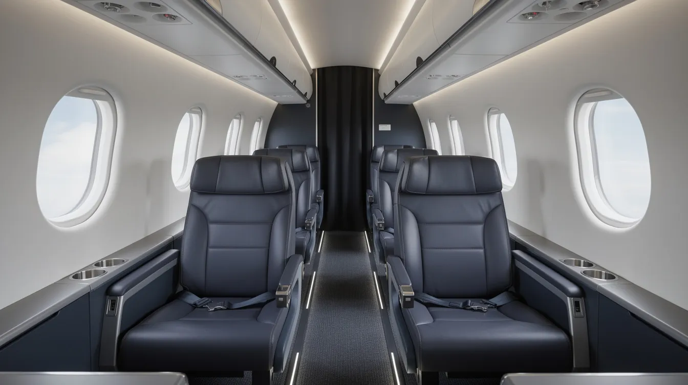 The image depicts the interior of a modern regional jet cabin, featuring two-by-two leather seating, spacious aisle and window seats, large oval windows, and overhead bins for luggage storage. This design exemplifies the comfort and functionality typical of the Embraer 175, a popular choice among regional carriers for connecting smaller cities.