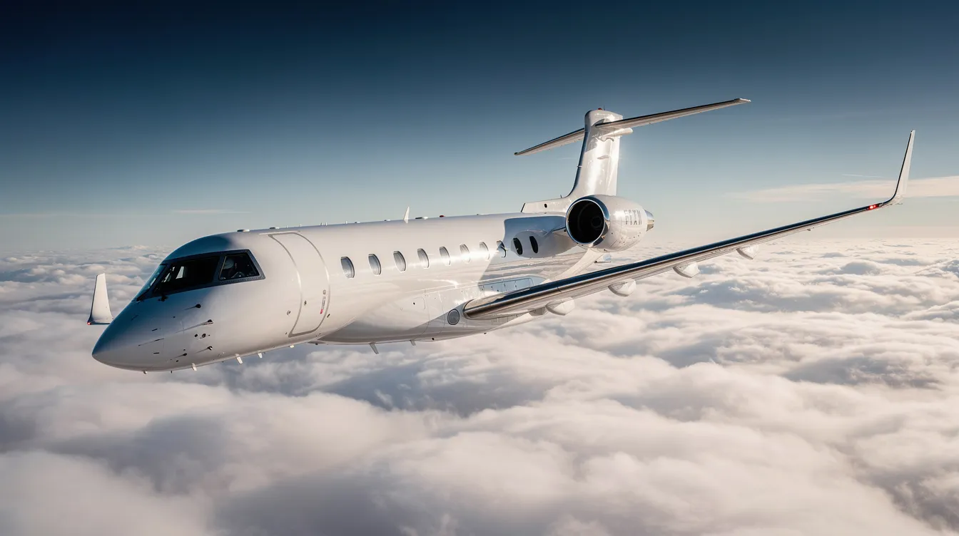 A sleek mid-size private jet, representative of the Embraer 175 regional jet family, soars above a blanket of clouds with sunlight glinting off its fuselage. This aircraft, designed for commercial aviation, showcases advanced avionics and offers a comfortable flying experience for passengers.