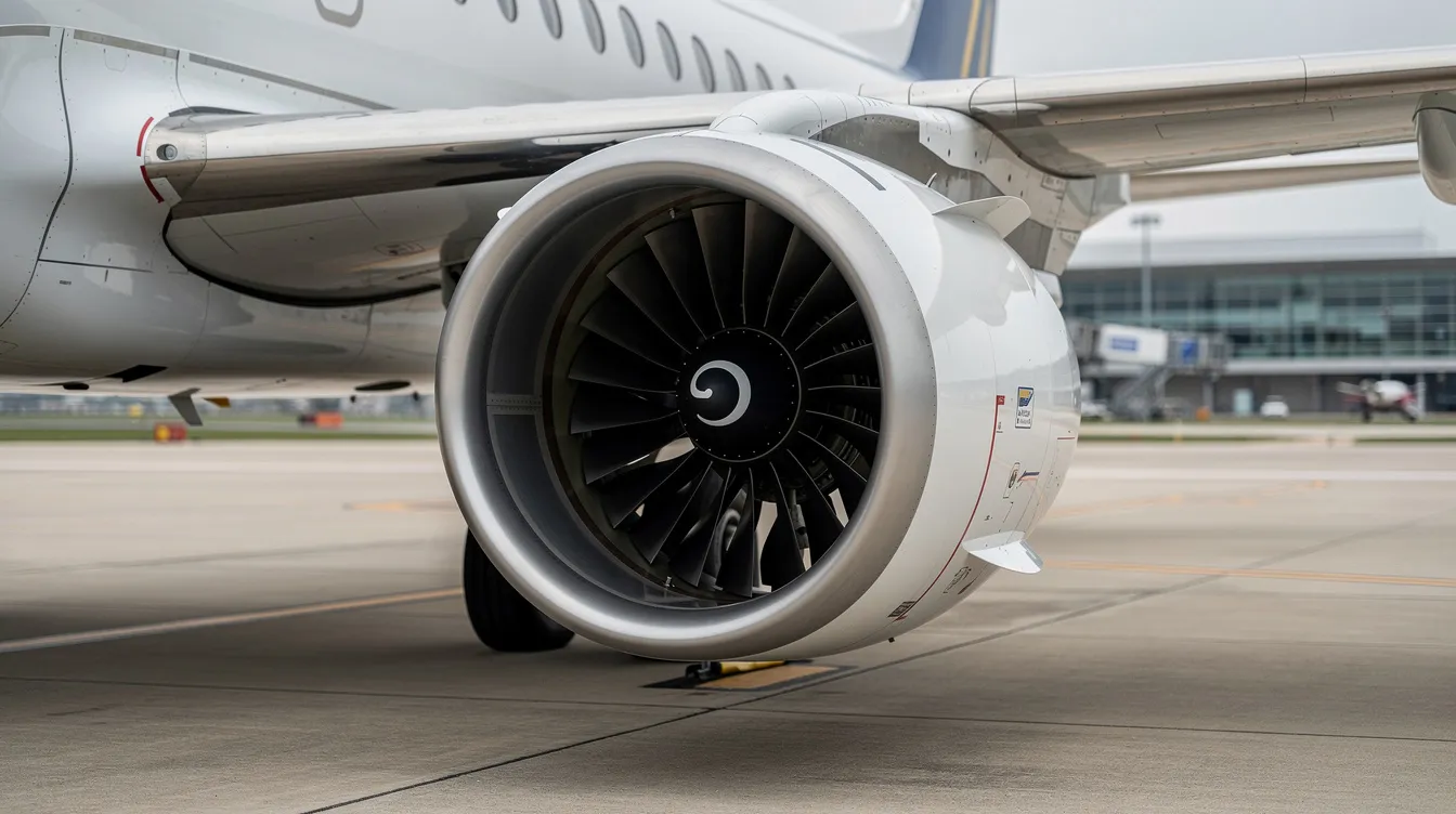 A close-up view of a modern turbofan jet engine, specifically designed for regional jets, is mounted under the wing of an Embraer 175 aircraft. The image showcases the advanced technology of the engine, emphasizing its role in commercial aviation and regional operations, connecting smaller cities efficiently.