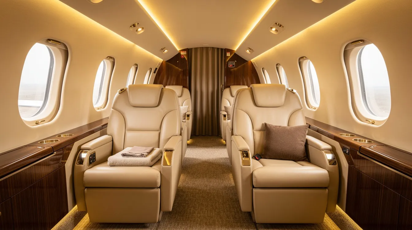 The image showcases the interior of a luxurious Airbus A380 cabin, featuring wide leather seats, soft ambient lighting, and spacious aisles designed for passenger comfort. This commercial aircraft emphasizes personal space and a smooth ride, making it an ideal choice for airlines like Singapore Airlines and Qatar Airways.