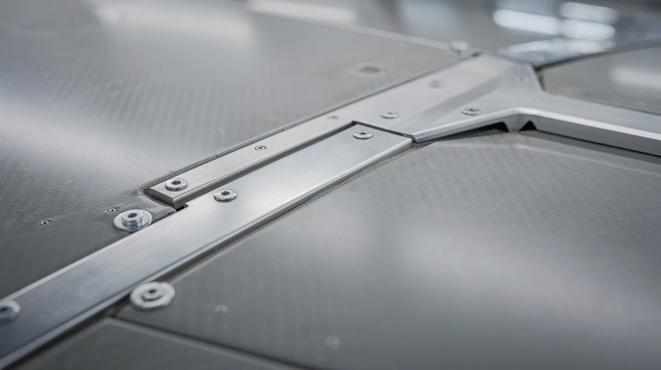 The image features a close-up of an aircraft composite wing surface, highlighting its smooth carbon-fiber texture and metallic joints, essential for weight reduction and fuel efficiency in commercial aviation. This detailed view showcases the technological innovations that contribute to the performance of modern aircraft like the Airbus A380, known for its maximum takeoff weight and passenger capacity.