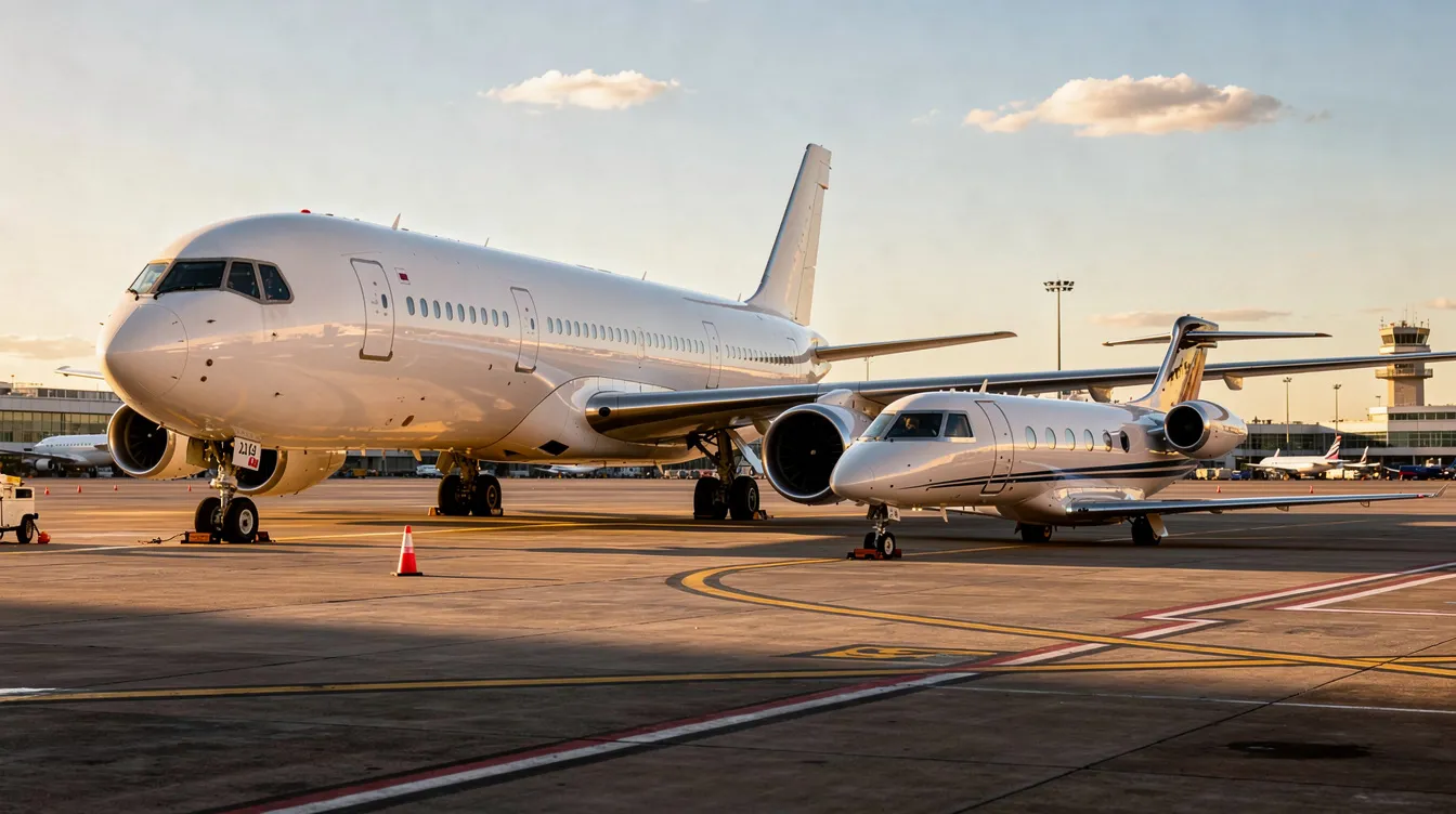 The image depicts two aircraft on an airport tarmac, highlighting the size contrast between a large four-engine widebody airliner, such as the Airbus A380 known for its maximum takeoff weight and passenger capacity, and a sleek mid-size business jet designed for more personal space and fuel efficiency. The juxtaposition emphasizes the differences in design and purpose within commercial aviation.