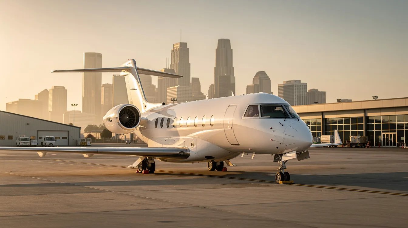 A sleek Gulfstream G650 private jet is parked on the tarmac of a small executive airport, with a vibrant city skyline in the background. The aircraft, known for its long-range capabilities and spacious cabin, is ready for takeoff, showcasing the elegance of business aviation.