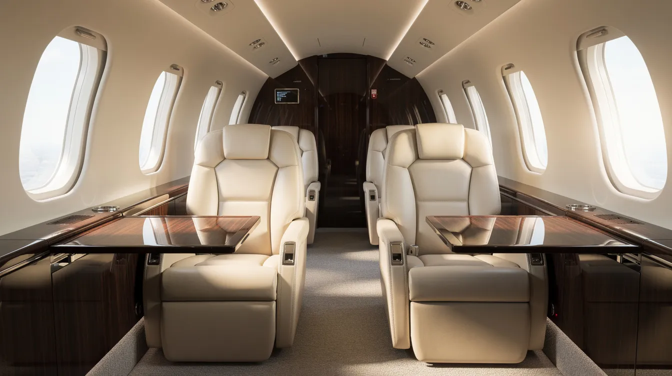 The image depicts the interior of a luxurious Gulfstream G650 private jet cabin, featuring cream leather seats, polished wood surfaces, and large oval windows that allow natural light to flood the space. The design emphasizes spacious living areas, showcasing the aircraft's premium comfort and elegance for business aviation.
