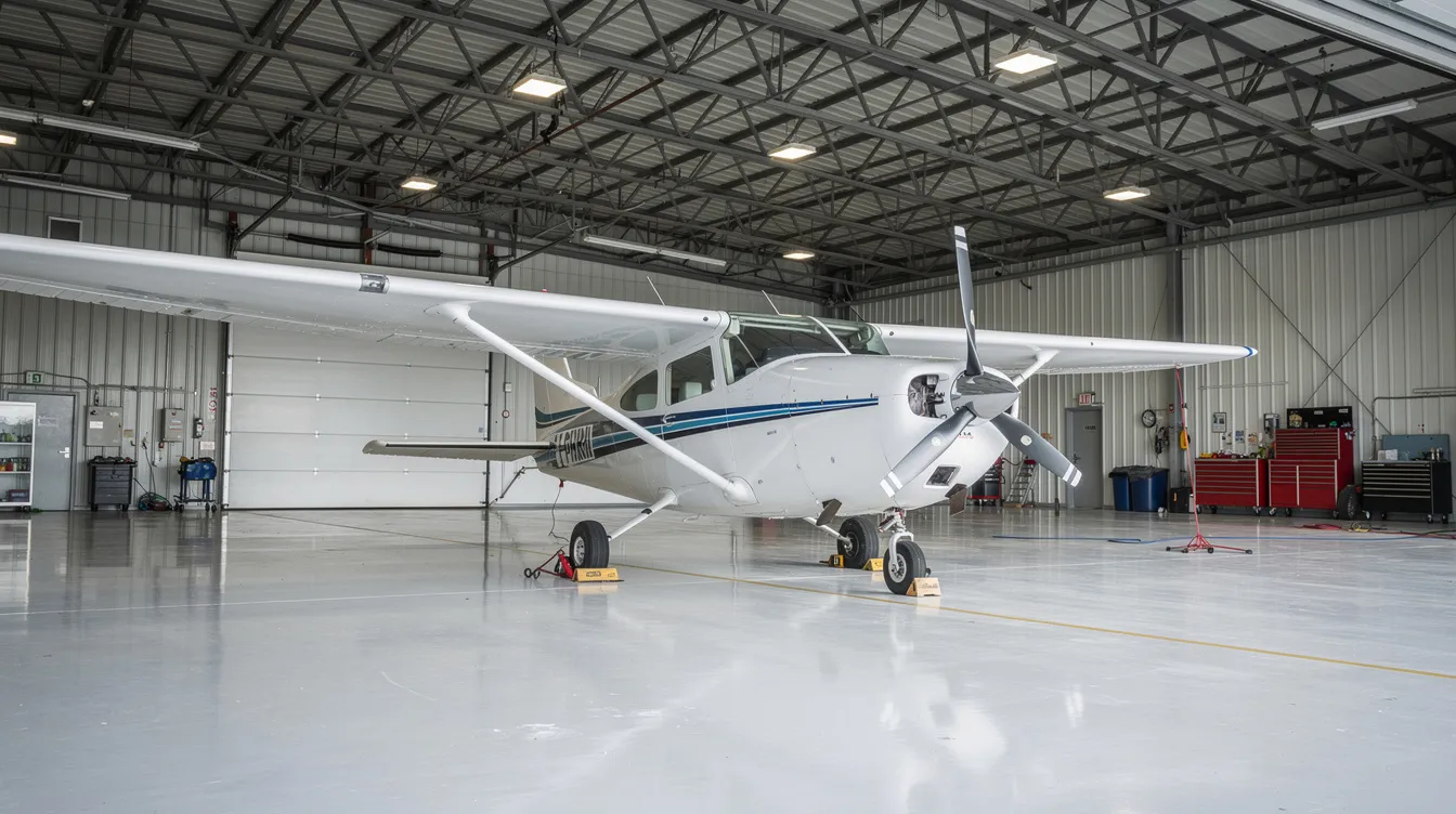 The image depicts a small single-engine Cessna 172 airplane parked inside a well-lit hangar with smooth concrete floors, highlighting the safe storage of the aircraft. This setting emphasizes the importance of proper maintenance and ownership considerations, such as operating costs and insurance for aircraft owners.