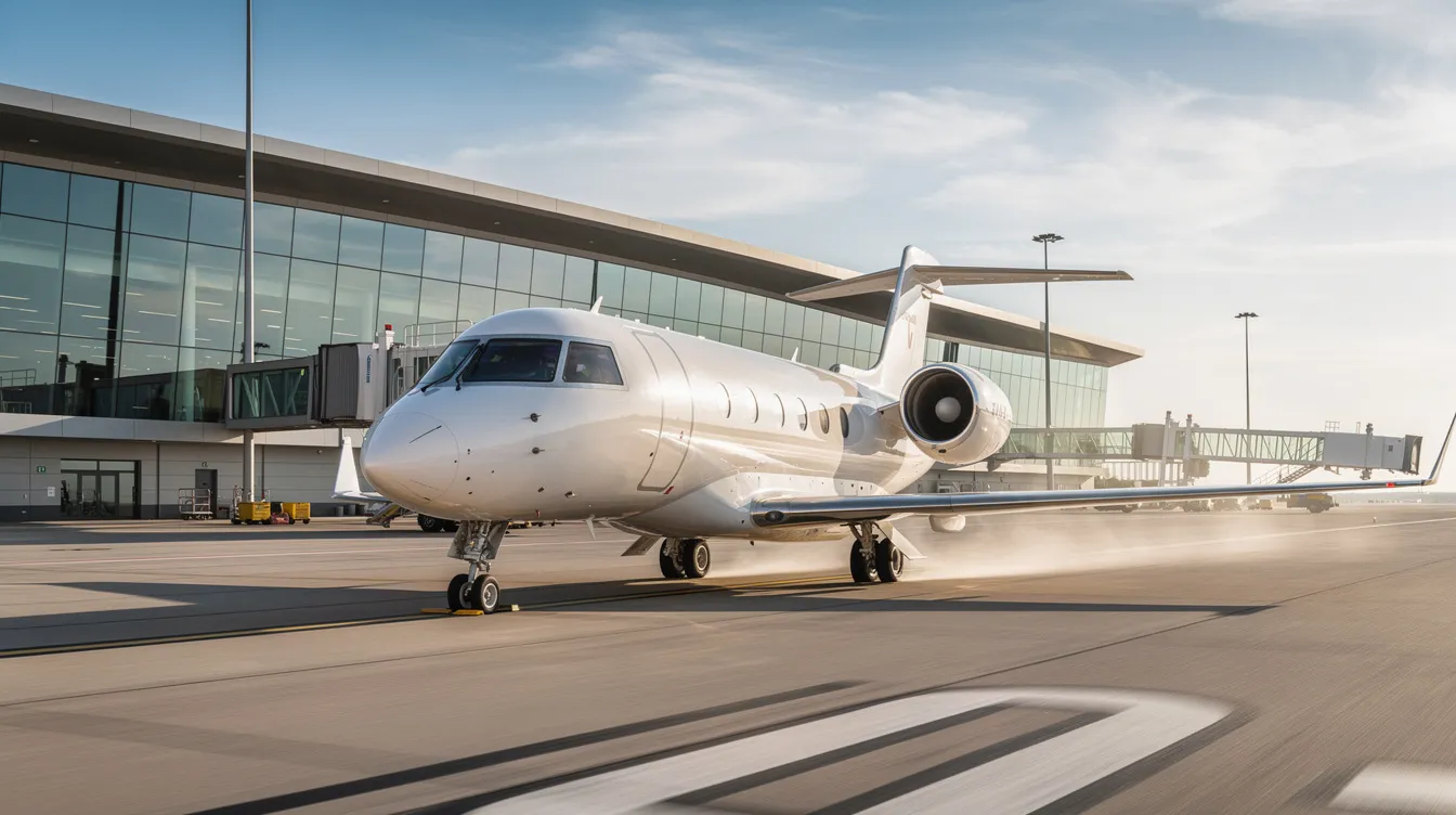 A sleek private jet is taxiing on a runway, with a modern terminal building visible in the background. The image captures the essence of aircraft ownership, highlighting the operational aspects such as maintenance and fuel costs associated with owning a plane.