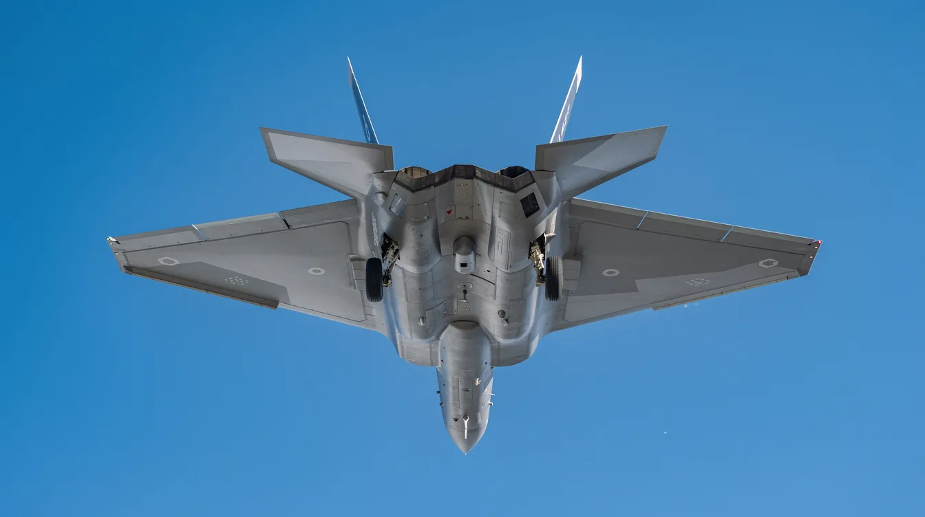 The image depicts a modern sixth generation fighter jet with a wide delta wing planform, viewed from below against a clear blue sky. This advanced fighter aircraft showcases its sleek design and is likely involved in flight testing, emphasizing its capabilities for future aerial warfare and air superiority.