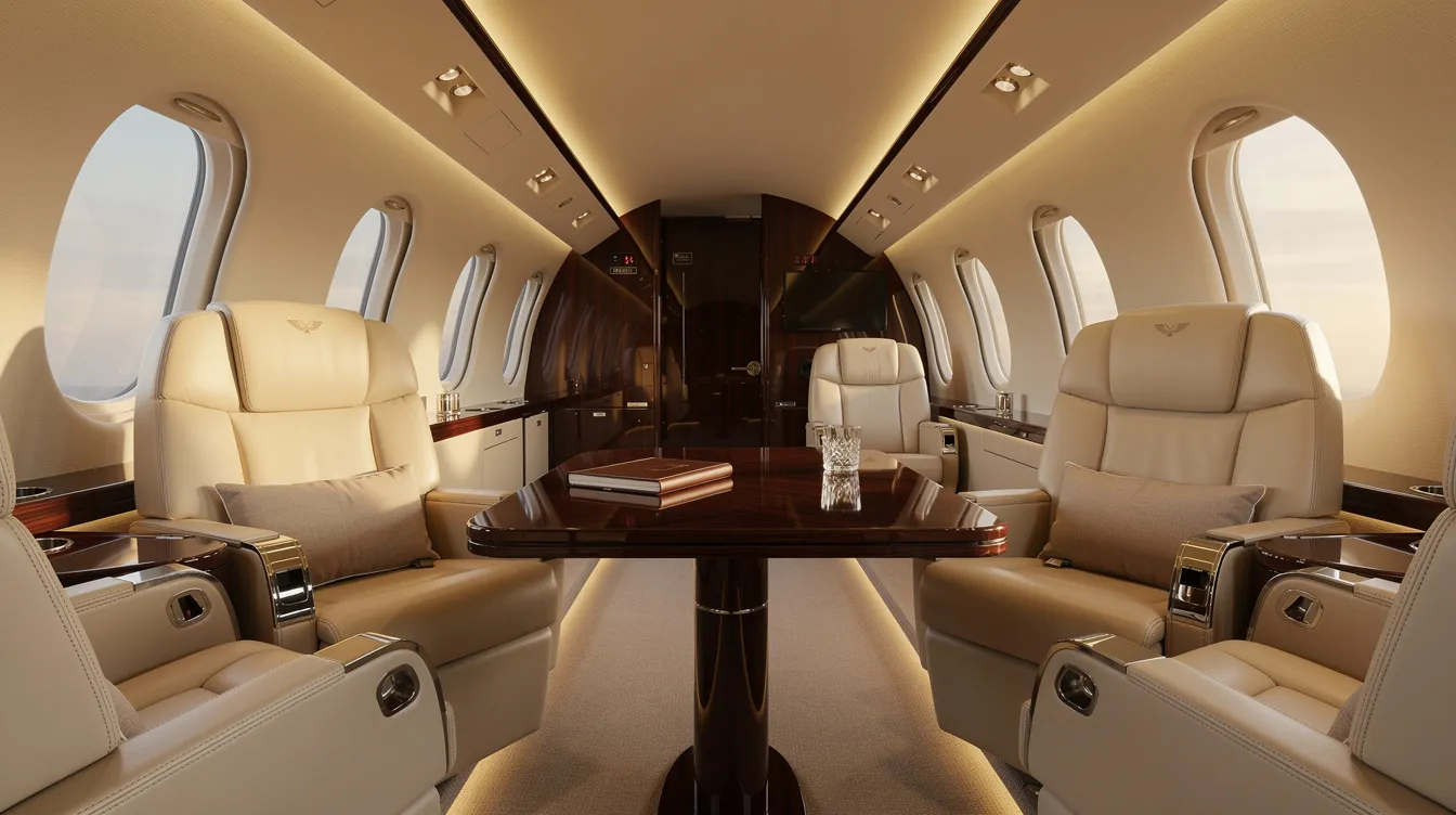 The image features a luxurious private jet cabin interior, showcasing cream leather seats, elegant ambient lighting, and a polished wood table, creating an atmosphere of opulence and comfort.