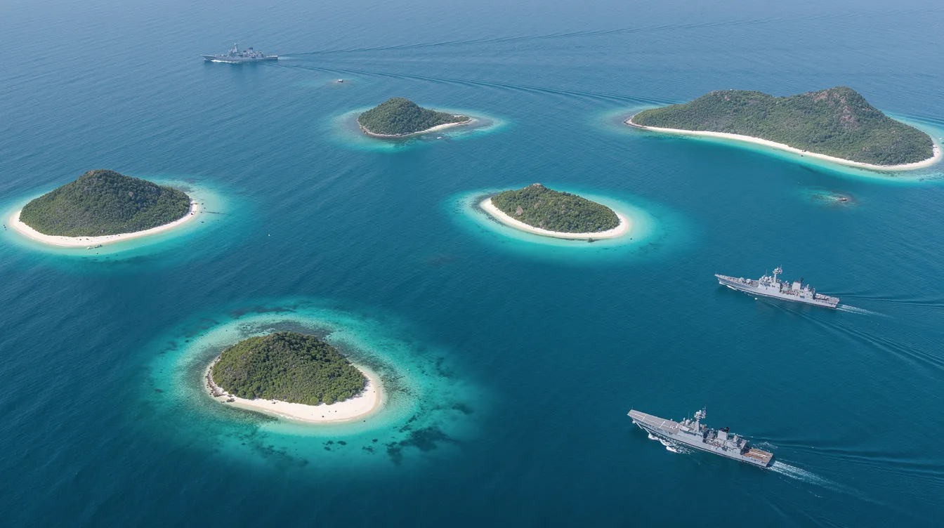 An aerial view showcases calm turquoise ocean waters dotted with small islands and a few naval vessels, creating a serene coastal scene. The vibrant colors and clear visibility highlight the beauty of the South China Sea.