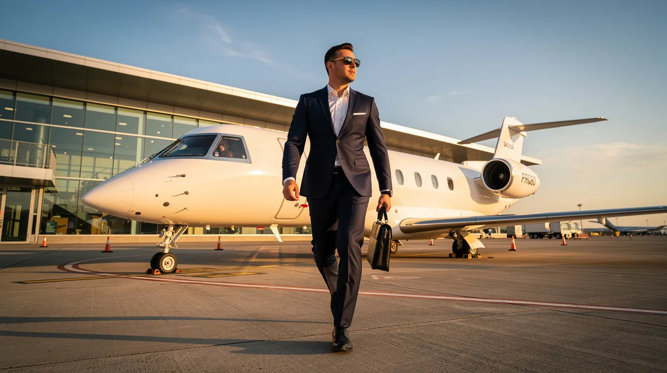 A business executive in a tailored suit strides confidently toward a sleek private jet parked on a sunlit tarmac, with a modern terminal building visible in the background, symbolizing luxury and success in air travel. The scene captures a moment of ambition and exclusivity in the aviation industry.