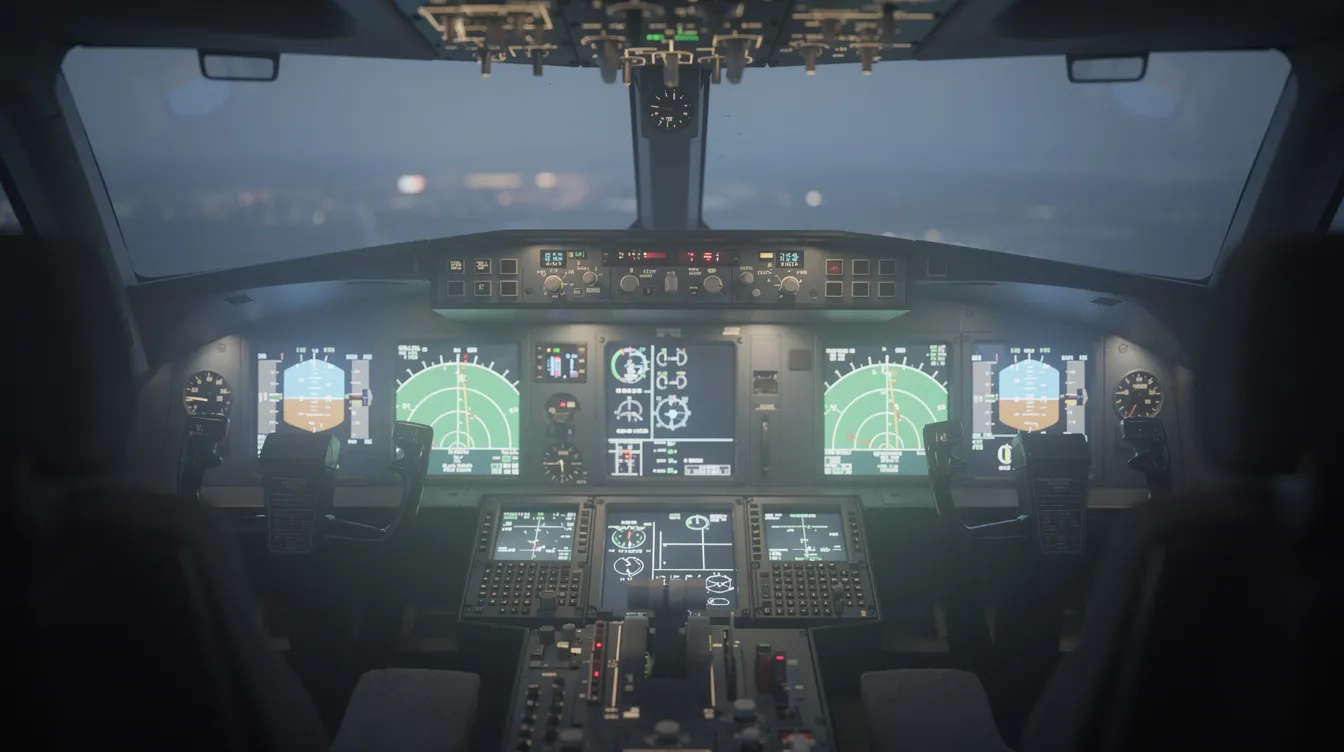 The image shows a modern glass cockpit featuring multiple digital flight displays that illuminate a dimly lit aircraft interior, highlighting advanced avionics and enhanced safety features typical of light sport aircraft. This setup is ideal for flight training, providing new pilots with forgiving flight characteristics and efficient performance in a small plane.