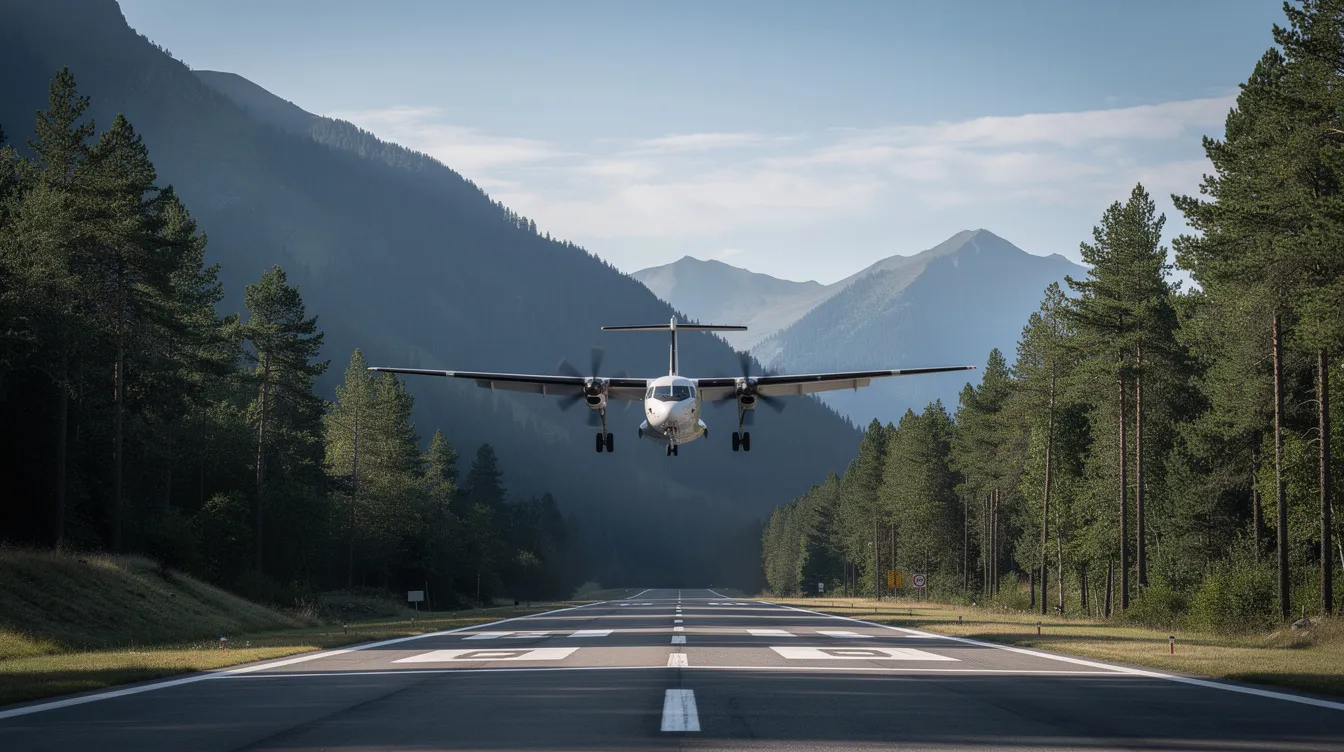 A turboprop aircraft is seen approaching a short mountain runway, nestled among lush pine forests, highlighting its versatility as a personal aircraft. This modern small aircraft is designed for efficient performance and forgiving flight characteristics, making it suitable for both flight training and recreational flying.