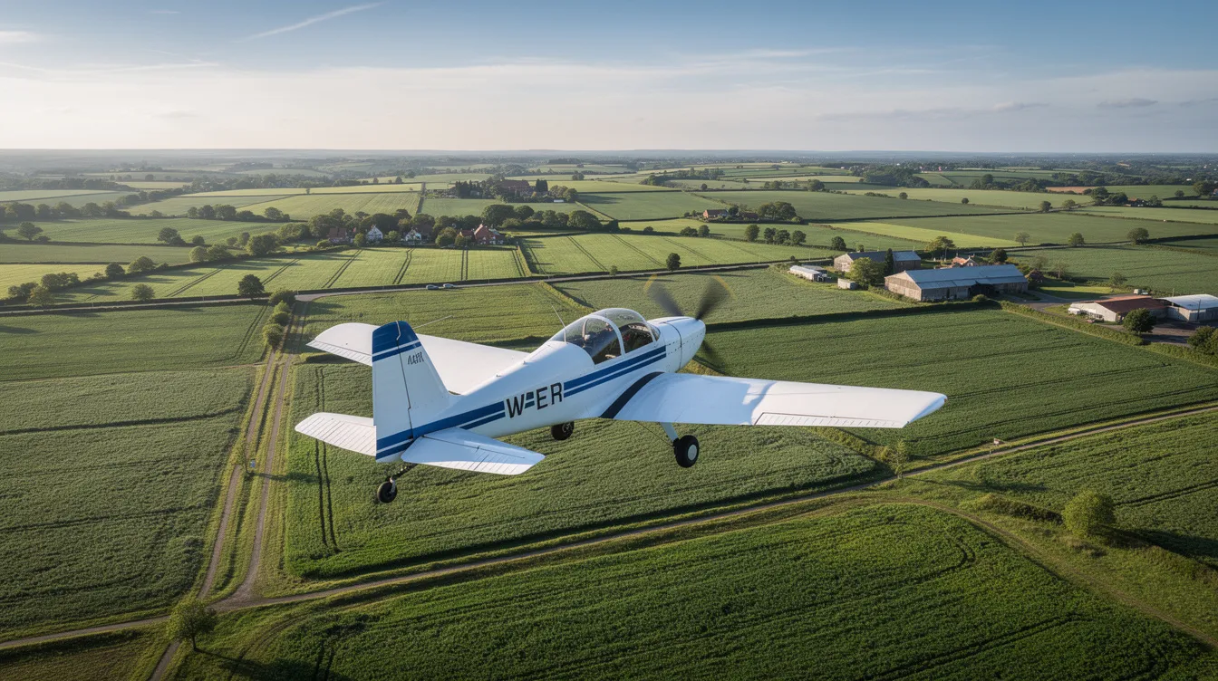 A single-engine piston aircraft is flying low over lush green farmland on a clear day, showcasing its efficient performance and forgiving flight characteristics. This modern small aircraft exemplifies the capabilities of light sport aircraft, making it an ideal choice for flight training and recreational flying.