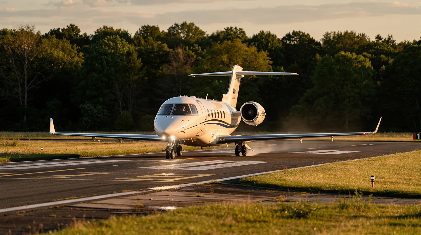 A small private jet, likely a light jet or very light jet, is touching down on a short runway at a rural airfield, with a tree line visible in the background. This scene highlights the versatility of private aviation, catering to business travelers seeking efficient performance and access to smaller airports.
