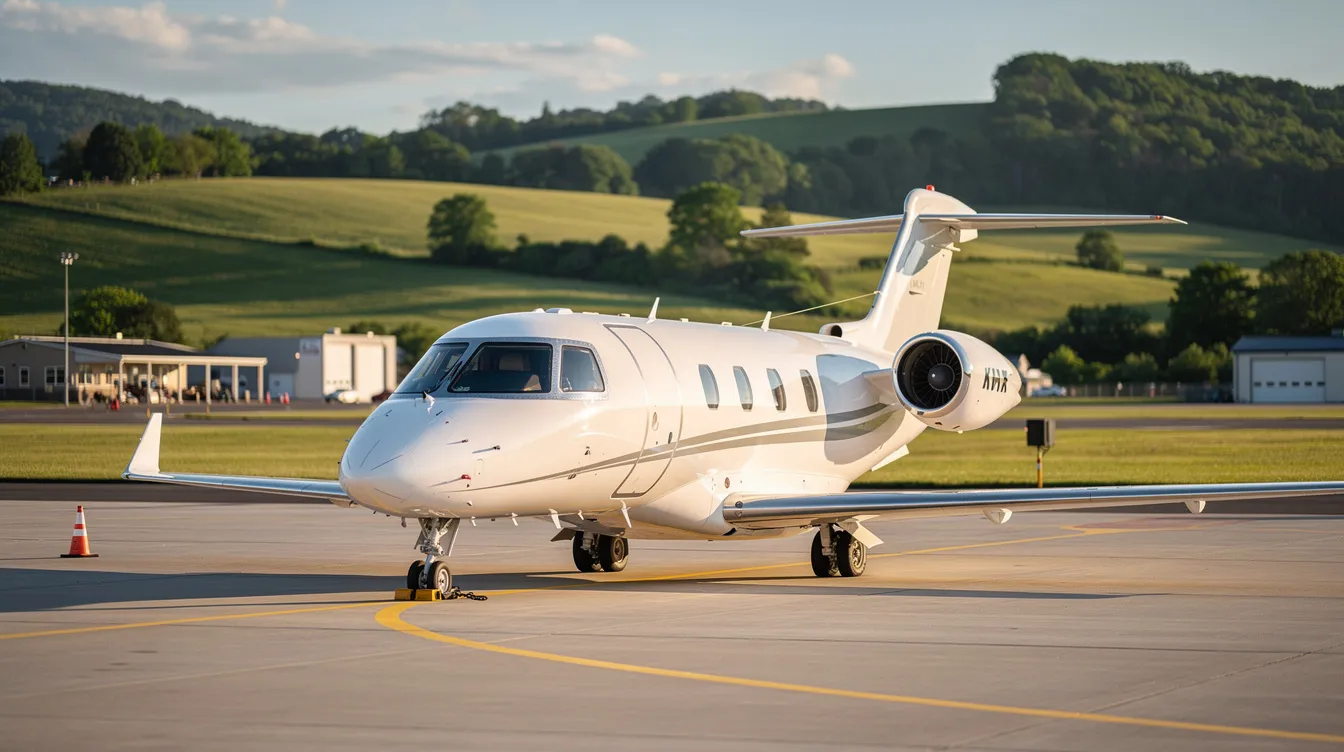A sleek light business jet, resembling the Cirrus Vision Jet, is parked on a tarmac at a small regional airport, surrounded by lush green hills. This private aircraft, designed for business travelers, showcases advanced avionics and offers efficient performance for private flights.