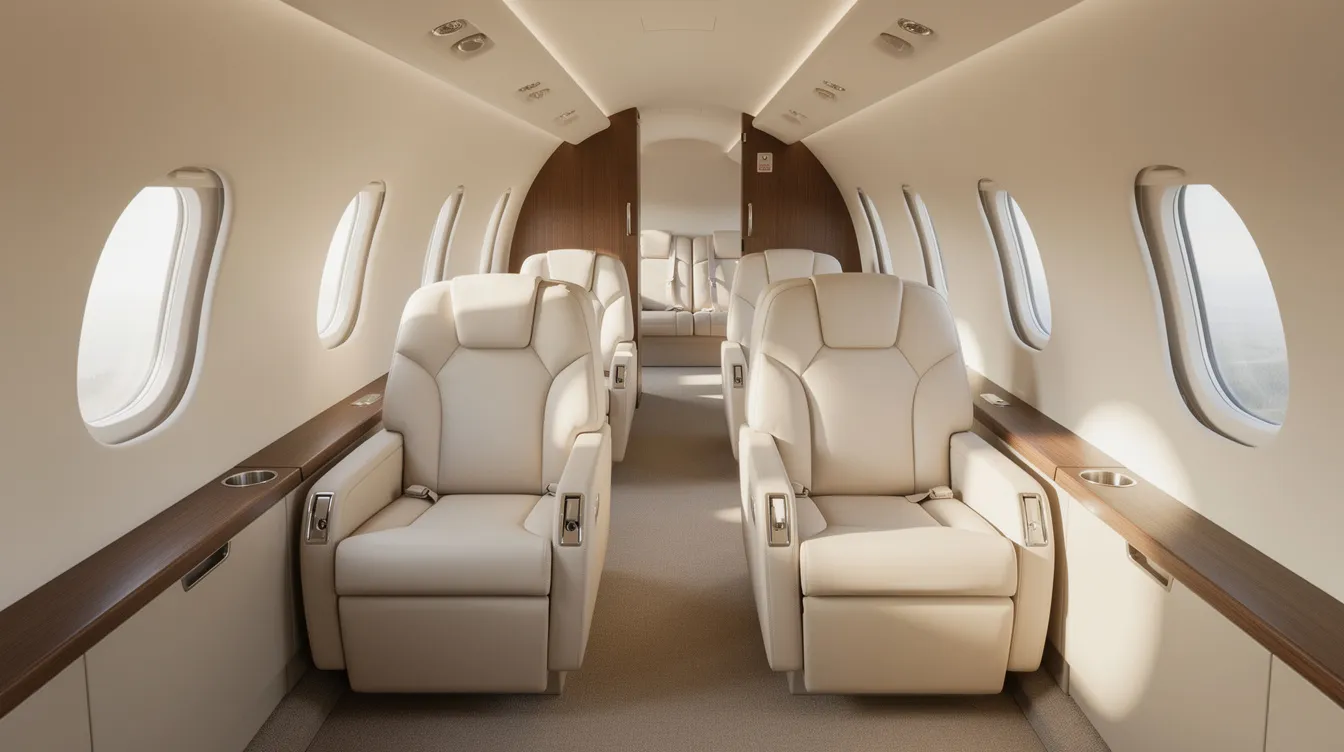 The image depicts the interior of a modern light jet cabin, featuring cream leather club seats that provide comfort for up to six passengers, with sunlight streaming through oval windows, enhancing the cabin space. This elegant setting showcases the refinement and advanced avionics typical of light private jets in the business aviation industry.