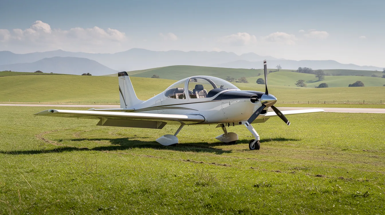 A sleek composite two-seat light sport aircraft is parked on a green grass airstrip, surrounded by rolling hills and distant mountains, showcasing its modern design ideal for recreational flying and cross country trips. The aircraft features fixed landing gear and a spacious unpressurized cabin, making it a refined choice for sport pilots seeking low operating costs and efficient flight training.