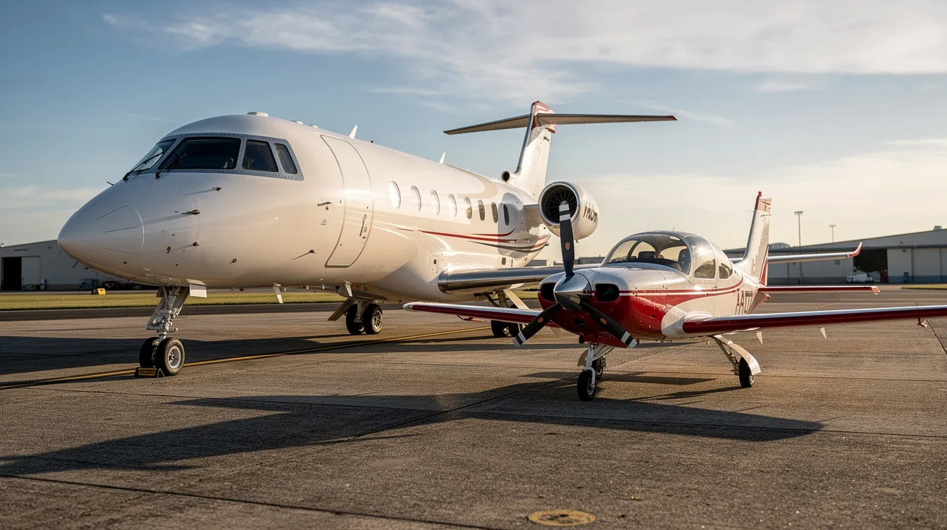 The image shows a private jet and a small light sport aircraft parked side by side on a sunlit tarmac, highlighting the significant scale difference between the two types of aircraft. The sleek composite exterior of the sport aircraft contrasts with the larger dimensions of the jet, emphasizing the unique characteristics of recreational flying and light sport aircraft in the aviation world.