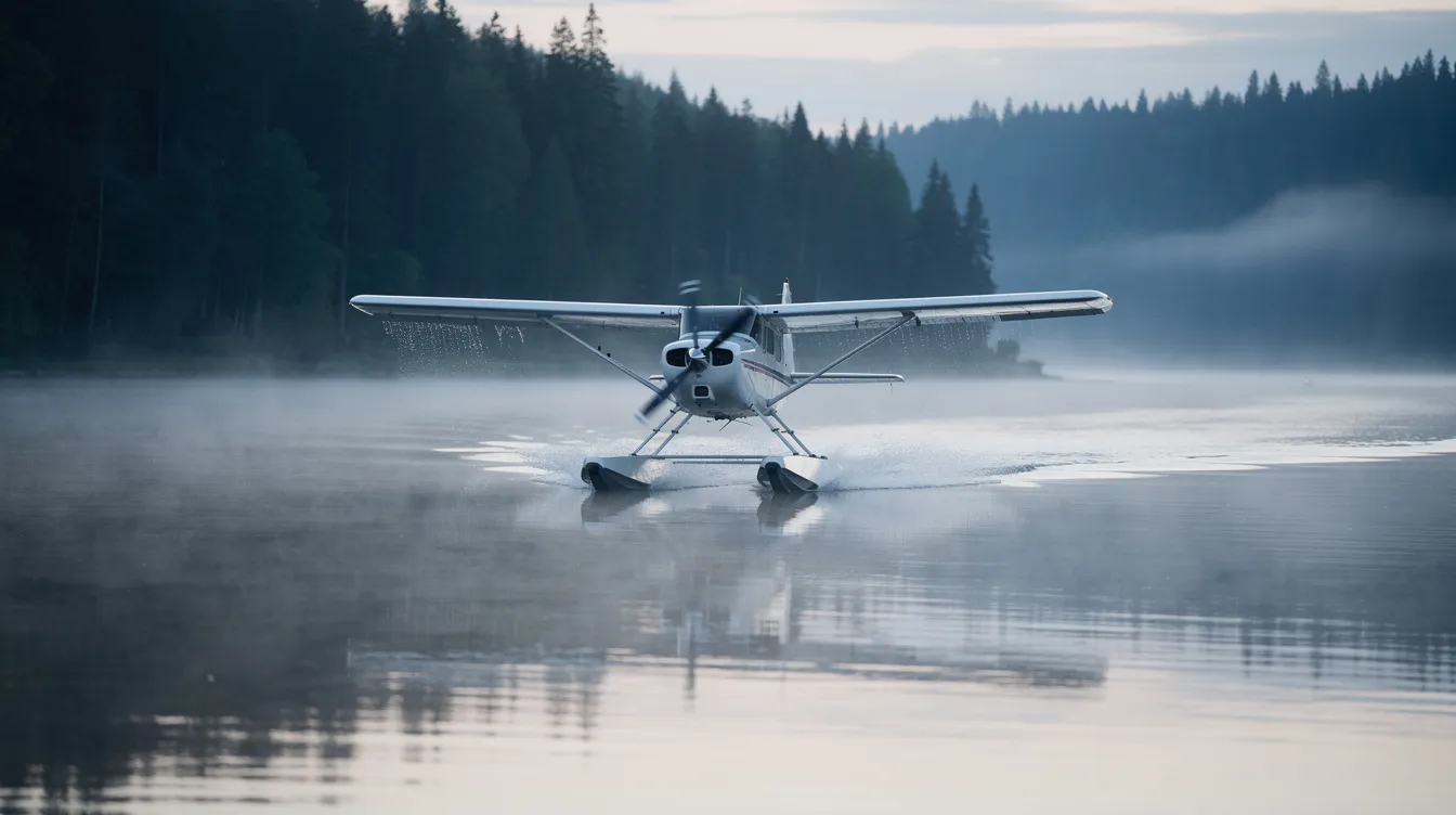 An amphibious light sport aircraft is taking off from a calm lake, surrounded by a lush evergreen forest and shrouded in mist. The sleek composite exterior of the aircraft glistens as it ascends, showcasing its capabilities as a recreational aircraft ideal for cross country flying.