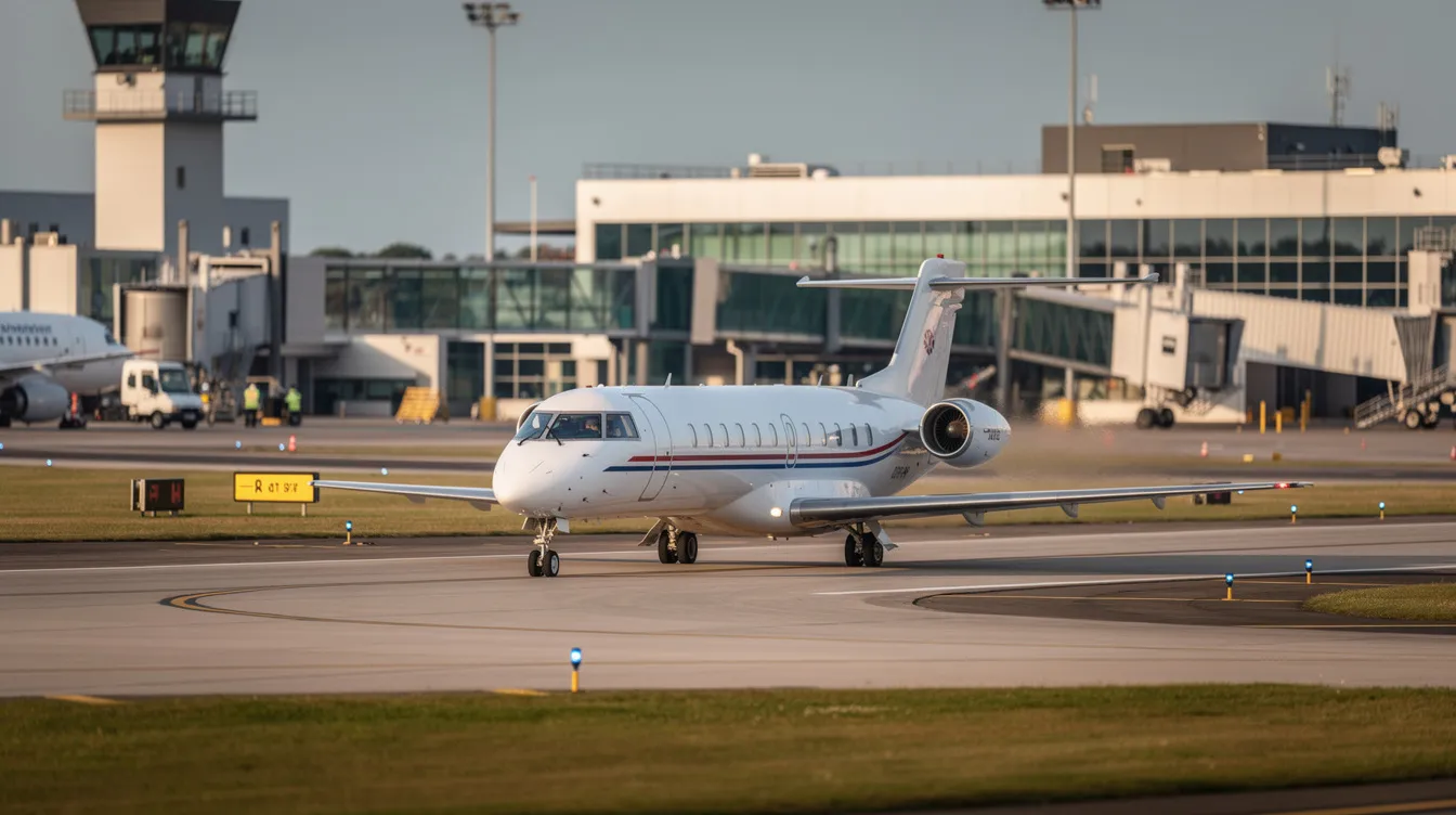 A small regional jet, one of the smallest commercial aircraft, is taxiing on a runway at a mid-sized airport, with terminal buildings visible in the background. This aircraft is designed to operate regional routes, providing regular scheduled service for passengers traveling to various destinations.