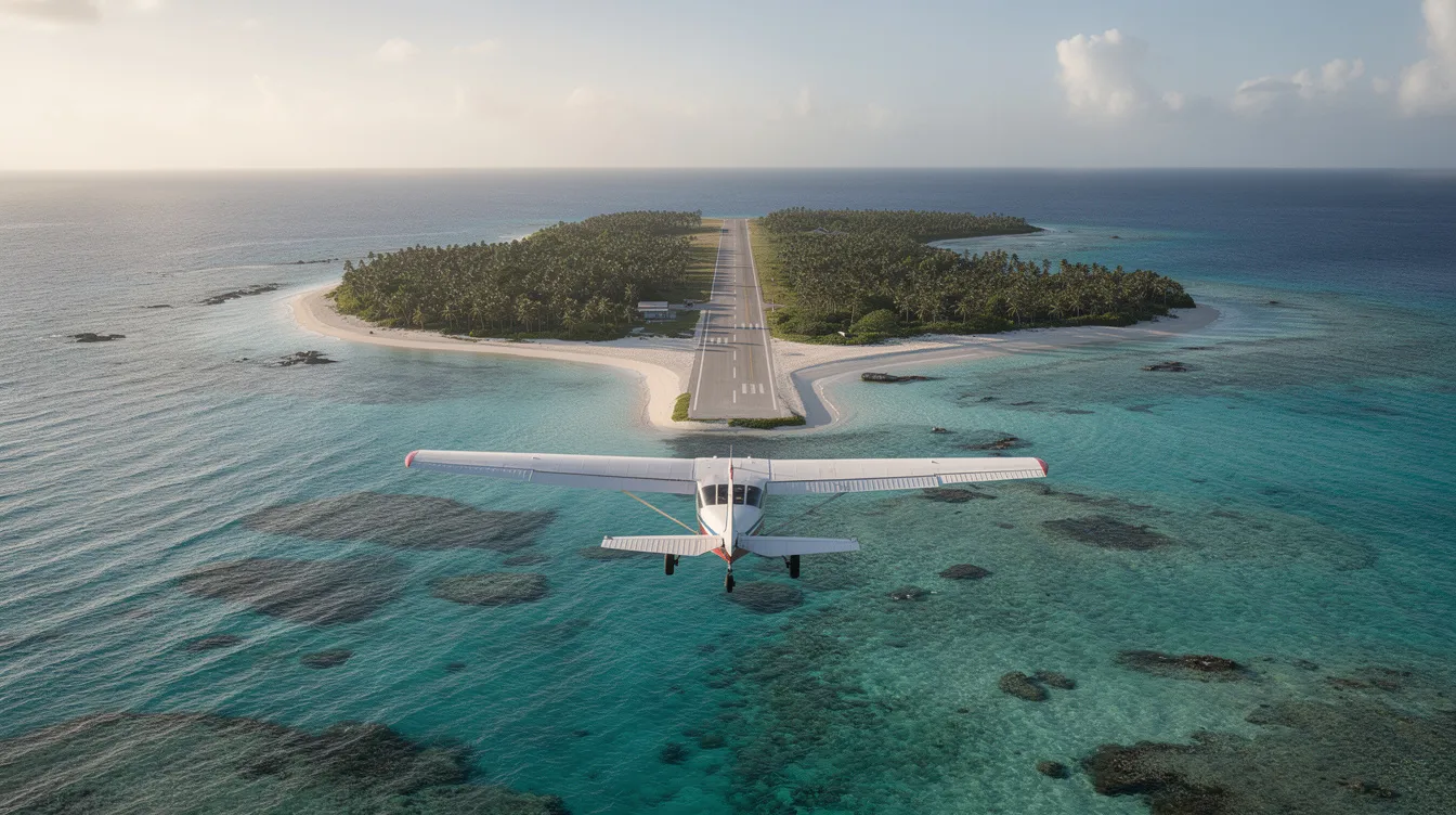 A small propeller aircraft, resembling the smallest commercial airliner, is flying over turquoise waters as it approaches a remote island airstrip. The scene captures the essence of regional routes, highlighting the aircraft's role in connecting communities and enhancing the passenger experience on scheduled flights.