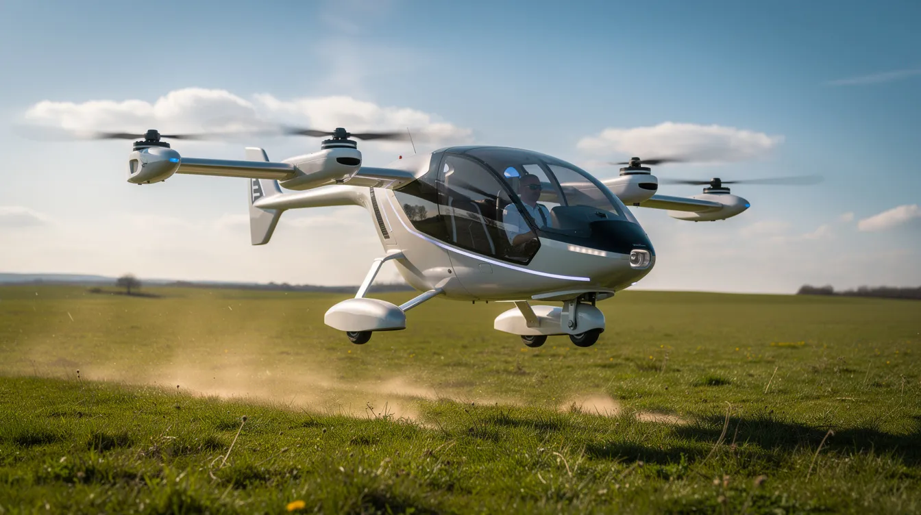 A modern personal electric aircraft, resembling a lightweight ultralight aircraft, is hovering just above a grassy field under a clear blue sky. This innovative aircraft is designed for recreational flying and can be operated without a pilot license under specific regulations.