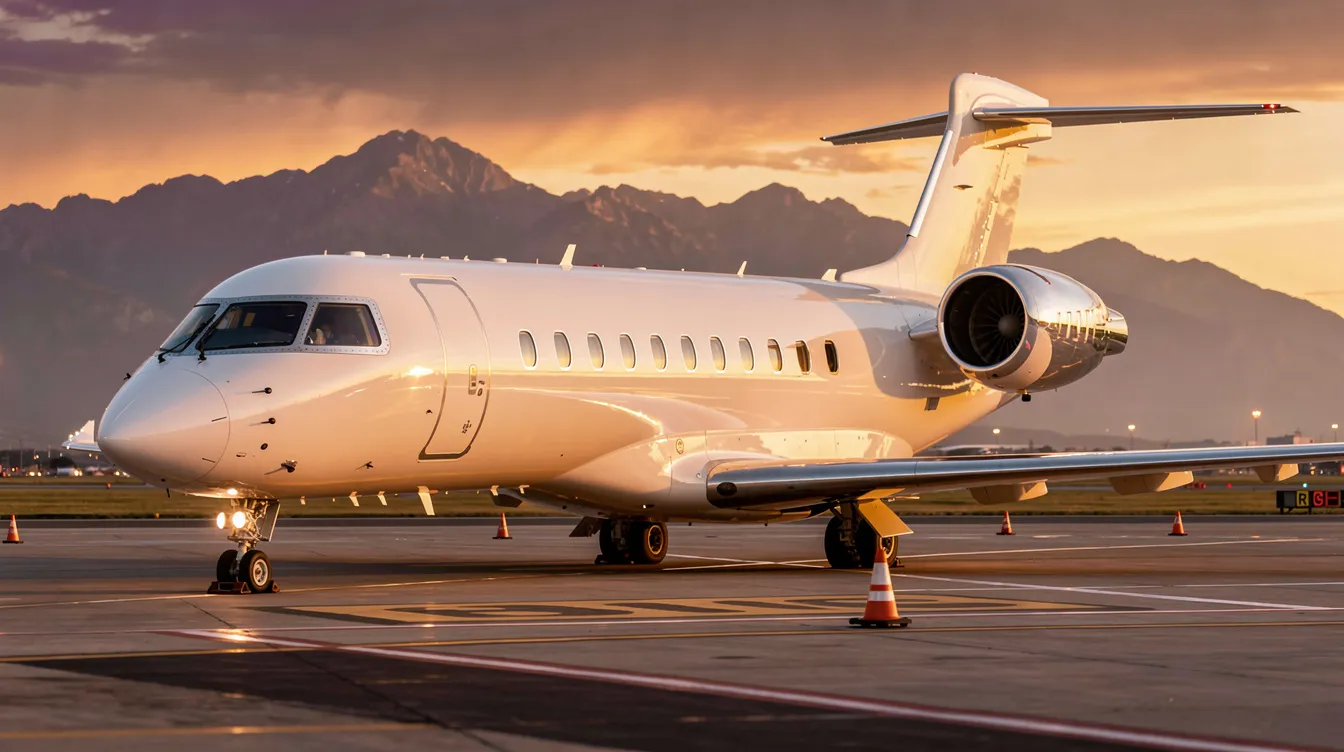 A sleek private jet is parked on a tarmac during golden hour, with majestic mountains in the background. The aircraft's polished exterior reflects the warm hues of the sunset, showcasing its design as a lightweight aircraft ideal for recreational flying.