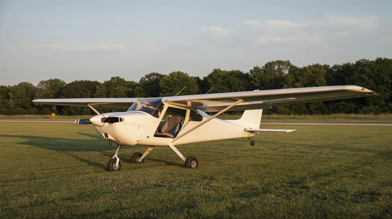 A white single-seat ultralight aircraft is parked on a grassy strip, surrounded by trees in the background, showcasing the simplicity and appeal of ultralight aviation. This lightweight aircraft is designed for recreational flying and can be operated without a pilot license under specific conditions.