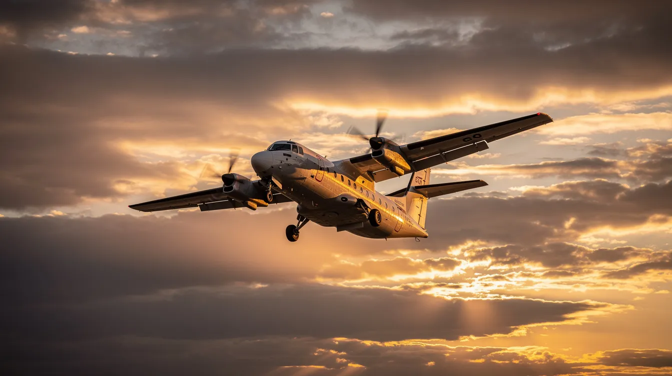 A twin-engine turboprop aircraft, specifically the Cessna 441 Conquest II, is climbing through layered clouds during a vibrant sunset. The aircraft, designed for efficient performance and capable of accommodating up to eight passengers, showcases its three-bladed propellers as it ascends to a higher flight level.