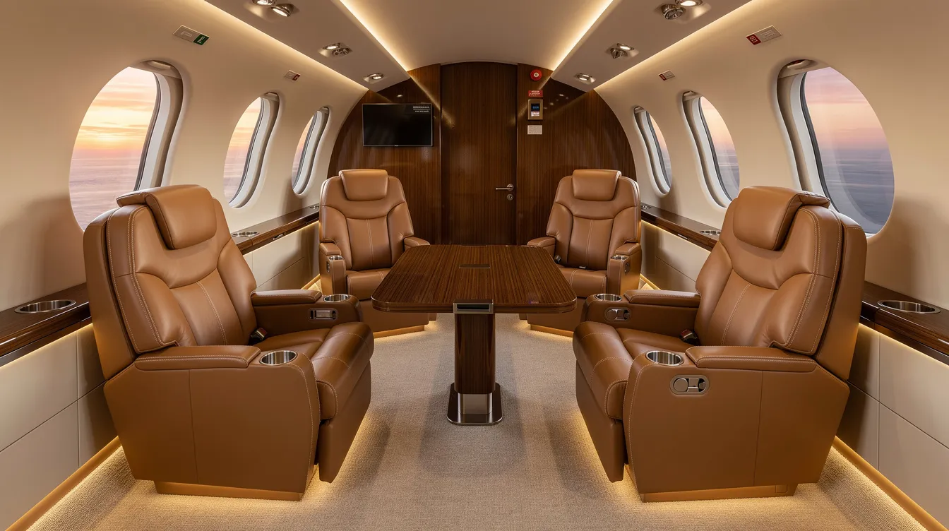 The image showcases the luxurious leather interior of a Cessna 441 Conquest II, featuring club seating arranged for eight passengers and enhanced by ambient lighting, ideal for business jet travelers. This turboprop aircraft emphasizes comfort and efficiency, making it a top choice for those seeking improved performance in aviation.
