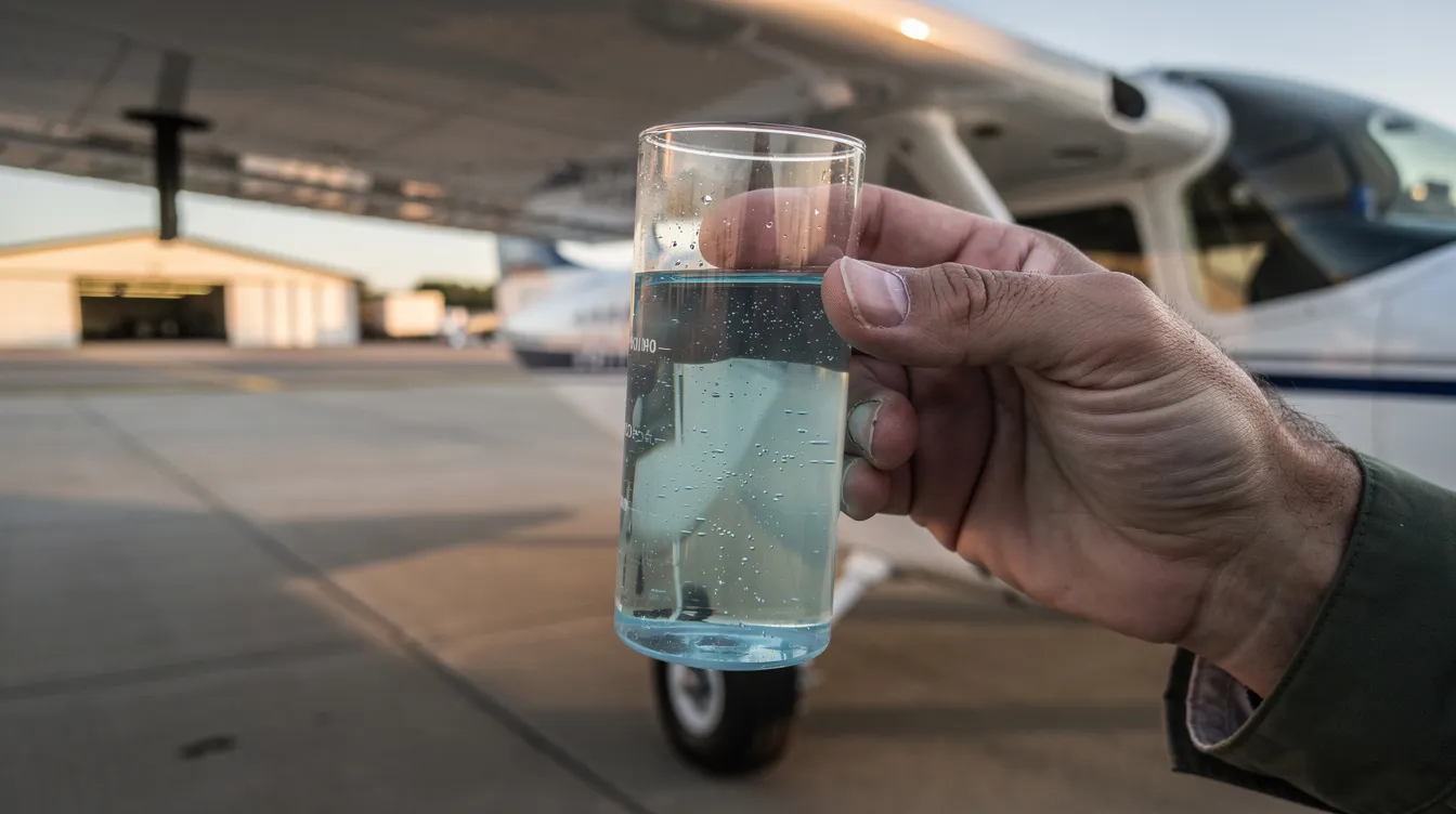 A close-up image shows a pilot inspecting a clear fuel sample container next to the wing of a small aircraft during a preflight check, highlighting the importance of aviation fuel quality for safe flight operations. The pilot's careful examination ensures that the fuel meets the necessary specifications for the aircraft's engines.