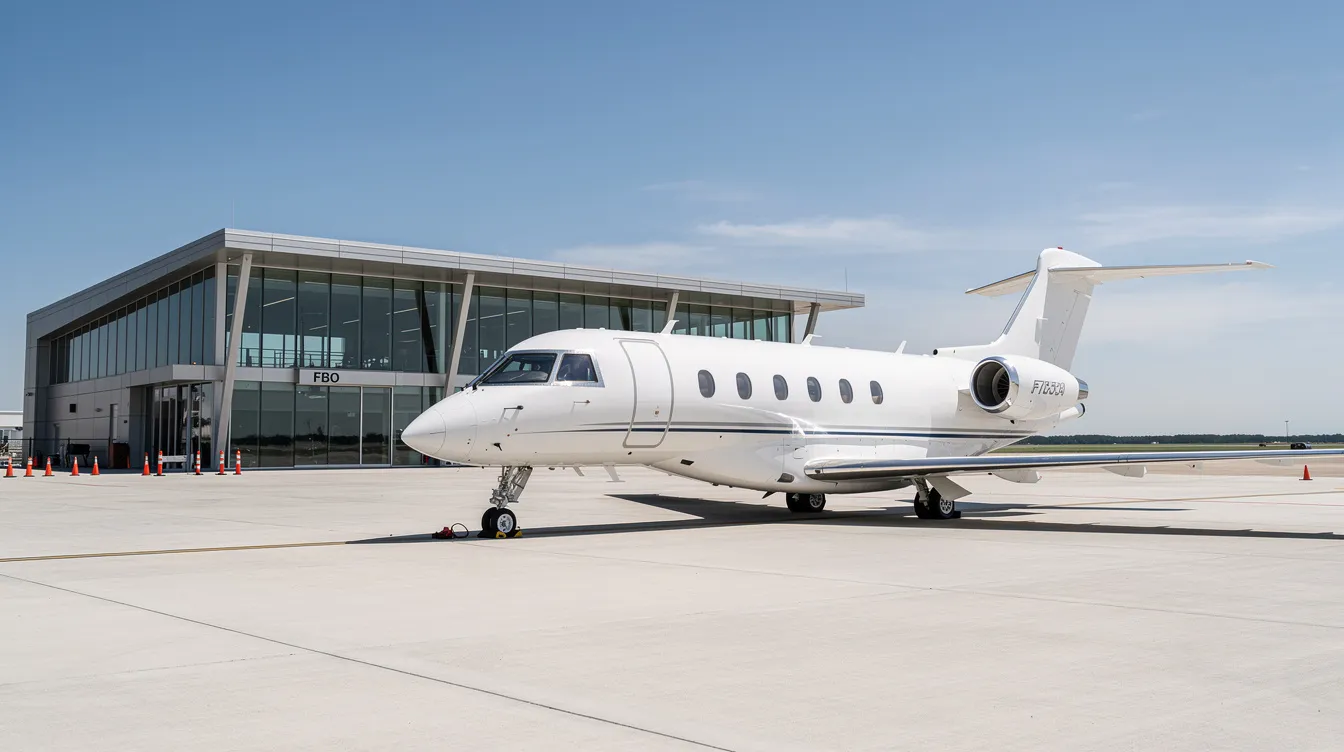 A private jet is parked on a clean tarmac in front of a modern glass-fronted FBO terminal building, with a clear blue sky overhead, symbolizing the luxury of private jet travel from New York to Las Vegas. This scene highlights the convenience and elegance of private jet charter flights, perfect for connecting travelers to the entertainment capital of the world.