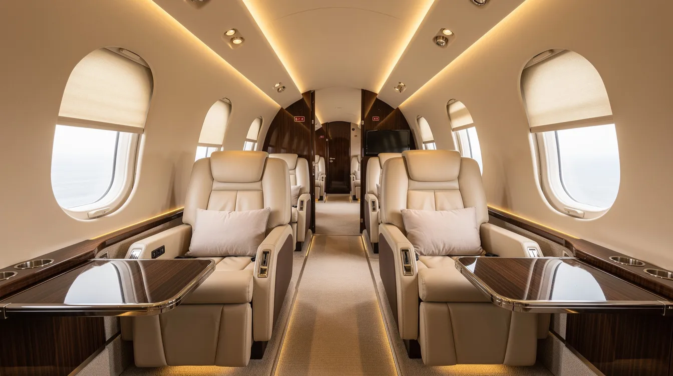 The image showcases a luxurious private jet cabin interior, featuring cream leather reclining seats, elegant wood-grain accents, and soft ambient lighting, creating a serene atmosphere for private jet travel from New York to Las Vegas. The cabin is designed for comfort and style, perfect for high rollers seeking a stress-free flying experience.