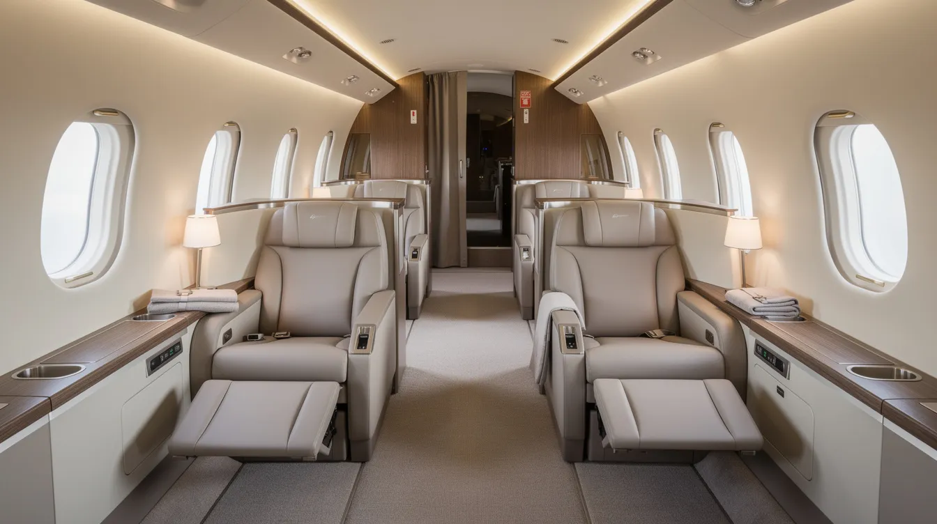 The image depicts a spacious aircraft cabin interior featuring plush reclining business class seats arranged in a private configuration, designed for enhanced comfort and exclusivity for first class passengers. The layout emphasizes a premium flying experience, ideal for long haul flights and international travel.