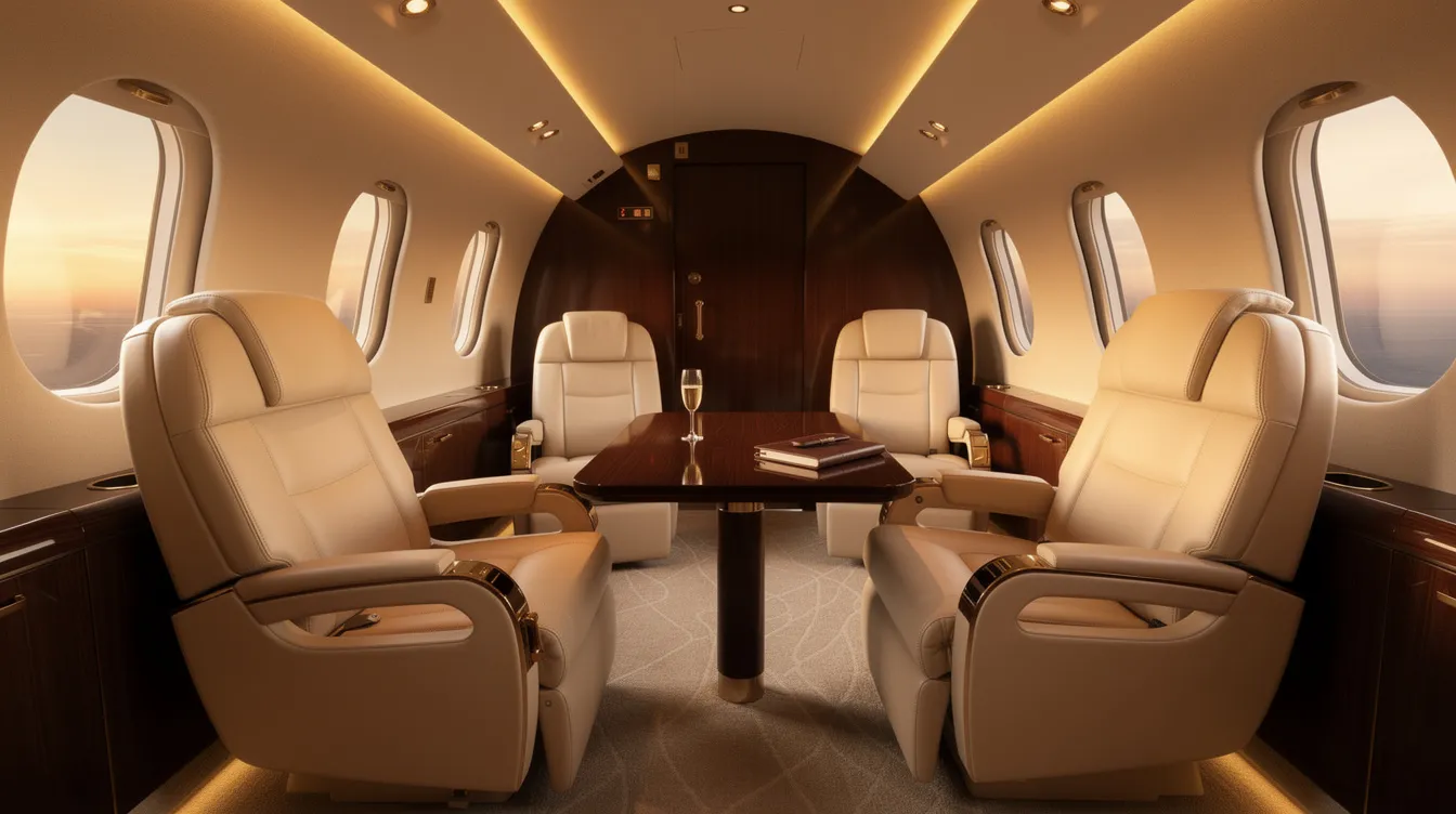 The image depicts the interior of a luxurious private jet cabin, featuring cream leather seats and warm ambient lighting, designed for an exclusive business class experience. This elegant space offers a serene atmosphere for first class passengers, emphasizing comfort and sophistication during international flights.