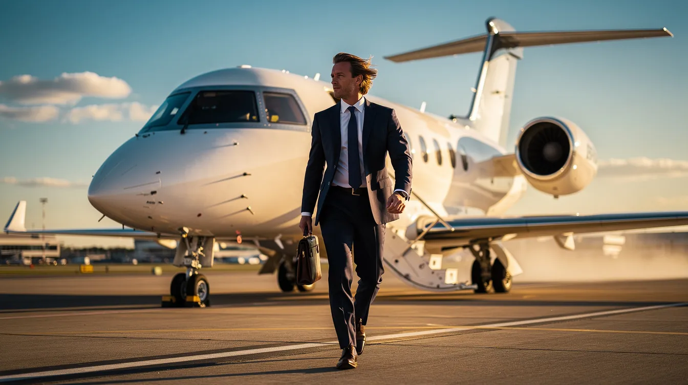 An executive strides confidently towards a private jet on a sunlit tarmac, embodying the essence of luxury travel often associated with first and business class experiences. The scene captures the allure of international flights and premium cabins, highlighting the exclusivity of business class passengers as they prepare for their journey.