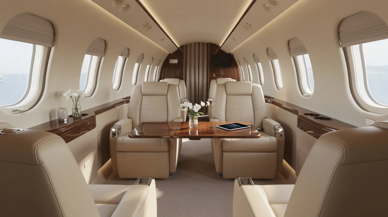 The image depicts the interior of a luxury midsize private jet cabin, featuring plush leather seats bathed in natural light, creating an inviting atmosphere for travelers. This elegant space is ideal for those seeking a premium private jet flight experience to destinations like Barcelona.