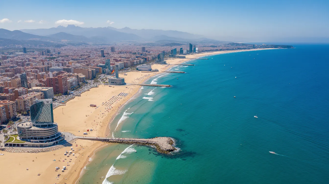 An aerial view showcases the stunning coastline of Barcelona, with the Mediterranean Sea glistening alongside the vibrant city skyline, featuring iconic landmarks and beautiful architecture. This picturesque scene highlights the allure of Barcelona, a popular destination for private jet travelers seeking luxury and rich culture.