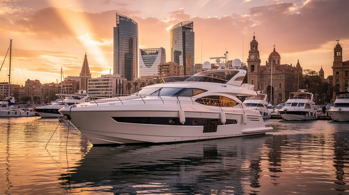 A luxurious yacht is docked in a Barcelona marina at sunset, with the stunning city skyline as a backdrop. The scene captures the essence of luxury travel, perfect for those considering private jet charters to Barcelona for an unforgettable vacation.