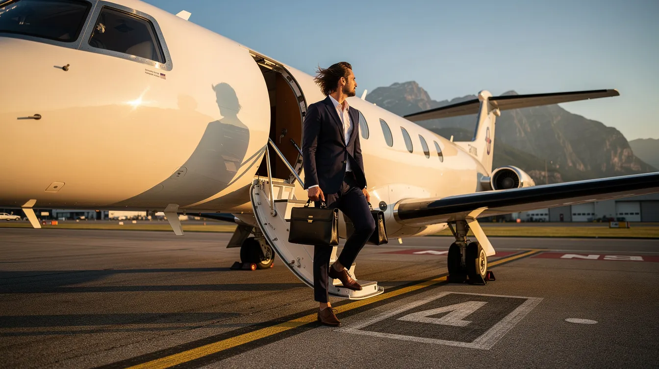 An executive is stepping out of a small private turboprop aircraft at a regional airport, surrounded by scenic mountains. This light aircraft, known for its fuel efficiency and low operating costs, is ideal for efficient regional travel and personal aviation.