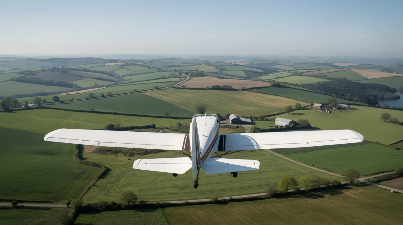 A classic four-seat high-wing propeller airplane, representing a small aircraft often used in personal aviation, soars over lush green rolling farmland on a clear day. This light aircraft showcases the beauty of recreational flying while emphasizing the efficiency and accessibility of private aviation.