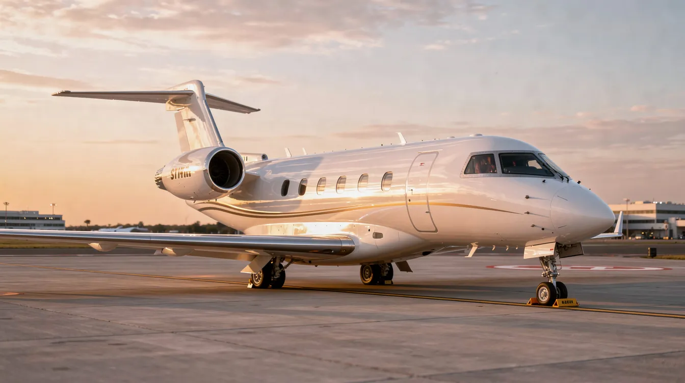 A sleek modern small jet, resembling the Cirrus Vision Jet with its distinctive over-the-wing engine mounts, is parked on a tarmac during golden hour, showcasing its fuel-efficient design and elegant lines. This light aircraft represents the future of private aviation, combining safety technology and efficient performance for accessible personal travel.