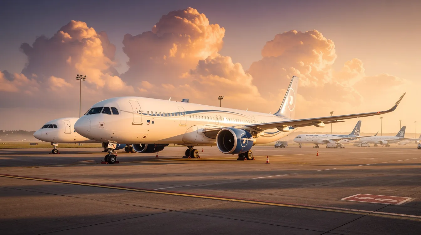 A modern fuel-efficient commercial aircraft is parked on a tarmac during golden hour, with a dramatic sky in the background. This scene captures the essence of international business travel, highlighting the sleek design and advanced technology of the aircraft, which is often favored by business class travelers for long haul flights.